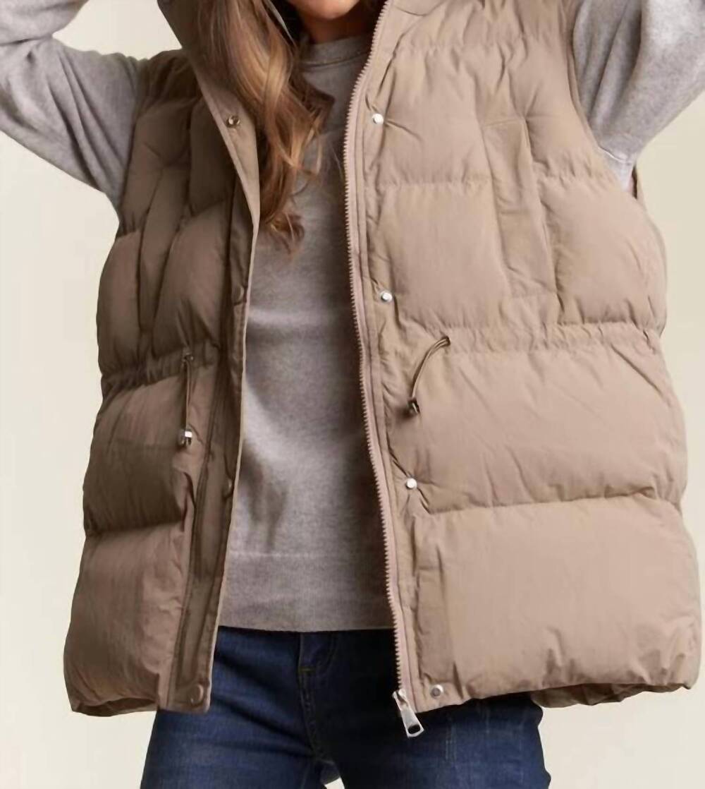 NEW ADORA puffy hoodie vest with waist drawstring in beige
